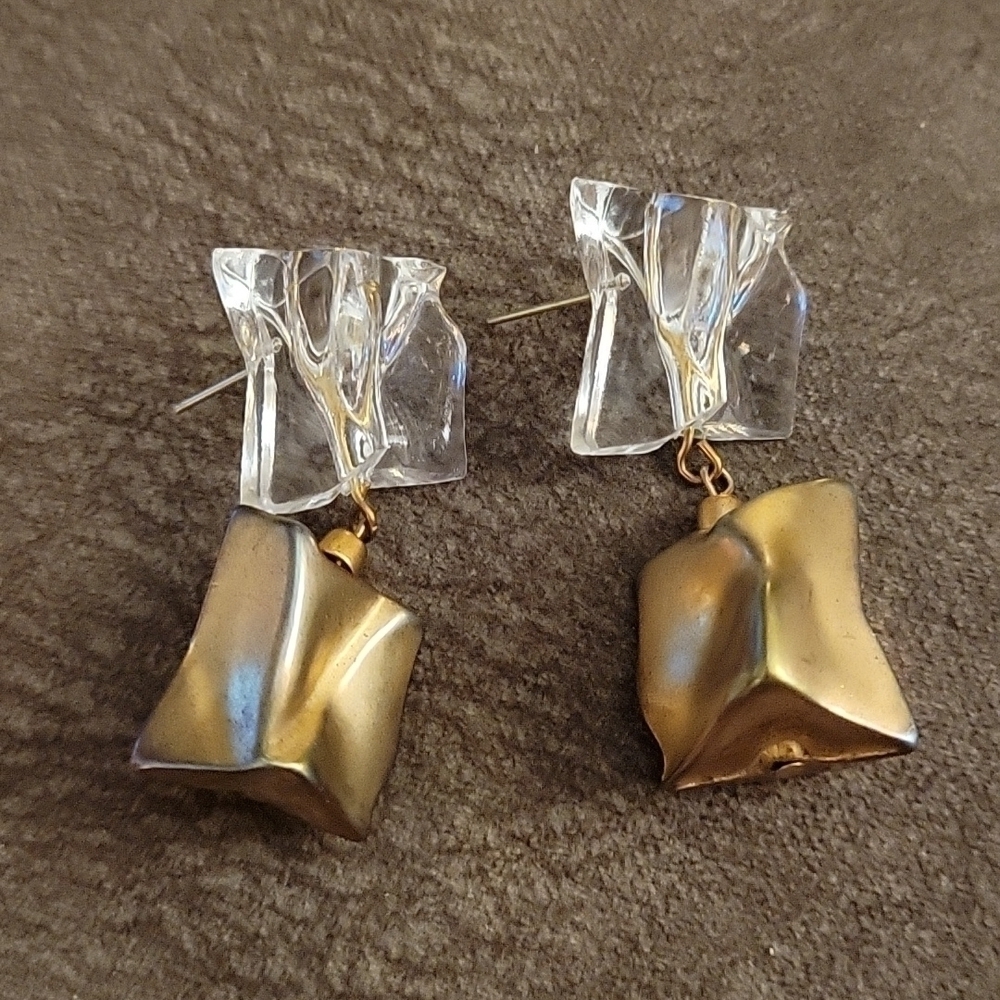 VTG Chunky Acrylic Twisted Mod Cubism Statement Dangle Post Earrings - Picture 2 of 4